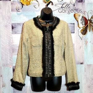 Anne Carson Cream Black Lace Faux Fur Trim Blazer Jacket, Sz M
